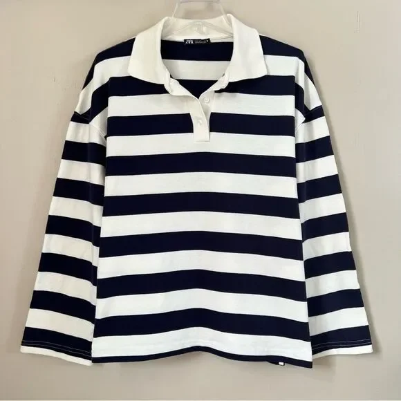 Zara Navy White Striped Long-Sleeve Cotton Rugby Preppy Polo Shirt Top SZ L - Picture 1 of 11